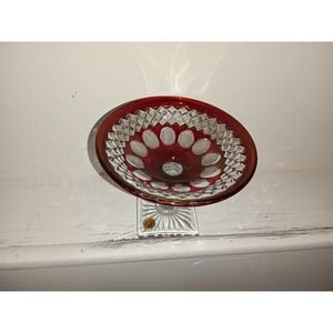 Westmoreland red and clear glass-footed compote. With tag.
